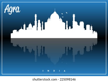 Agra, India, skyline silhouette vector design on parliament blue and black background.