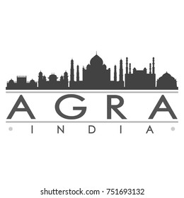 Agra India Skyline. Taj Mahal  Silhouette Design City Vector Art Famous Buildings.