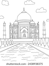 Agra, India - Taj Mahal line art drawing for kids and adults coloring book