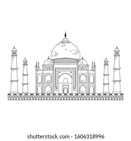 Agra India,Taj Mahal illustration Line Art Vector white background
