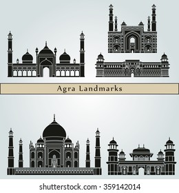 Agra landmarks and monuments isolated on blue background in editable vector file