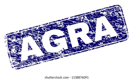 AGRA stamp seal print with grunge style. Seal shape is a rounded rectangle with frame. Blue vector rubber print of AGRA text with grunge texture.