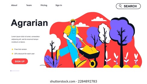 Agrarian concept for landing page template. Farmer with wheelbarrow works on farm and harvesting. Gardening and planting people scene. Vector illustration with flat character design for web banner