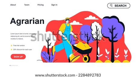 Agrarian concept for landing page template. Farmer with wheelbarrow works on farm and harvesting. Gardening and planting people scene. Vector illustration with flat character design for web banner