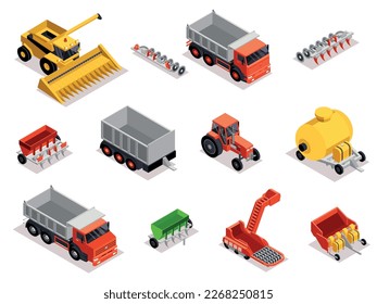 Agrarian technics machines isomeric set with isolated parts of combine harvesters trucks loaders bulldozer and tractor vector illustration