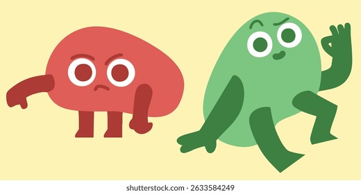 Concordo e discordo da representação do mascote Emoji. Red blob com raiva e polegares para baixo. Uma bolha verde sorrindo fazendo sinal de mão ok. Feito para adesivos, embalagens de alimentos, gráficos, sites. Vetor EPS 10