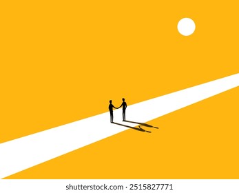 Agree halfway. Two businessmen shake hands in the middle of the road