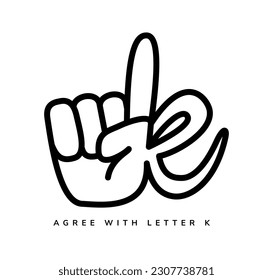 agree with letter k logo design template. doodle line style object. black ad white color. the concept is a combination of the hand that is clenched and the index finger out facing up with the letter k