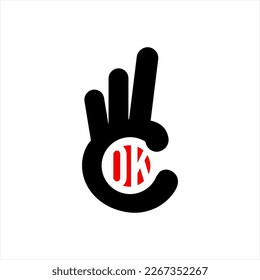Stimmen Sie dem Logo-Design des Zeichensymbols mit der Illustration von drei Fingern und dem Wort OK zu.
