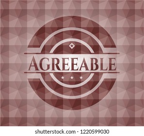 Agreeable red emblem or badge with abstract geometric pattern background. Seamless.