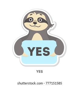 Agreeing sloth sticker. Isolated funny cartoon character.