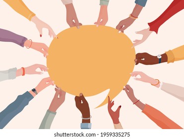 Agreement or affair between a group of colleagues or collaborators.Arms and hands holding speech bubble.Diversity People who exchange information.Concept of sharing and exchange.Community