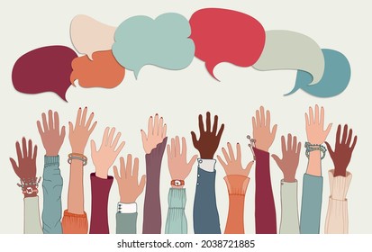 Agreement or affair between a group of colleagues or collaborators. Diversity people co-workers who collaborate. Raised arms and hands with speech bubble.Communication concept.Community