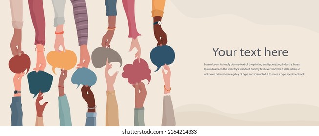 Agreement or affair between group of colleagues or collaborators. Diversity People who exchange information.Hands holding speech bubble.S haring and exchange. Community. Banner copy space