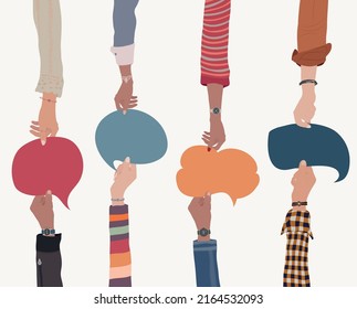 Agreement or affair between a group of colleagues or collaborators.Diversity People who exchange information.Community.Arms and hands holding speech bubble.Concept of sharing and exchange