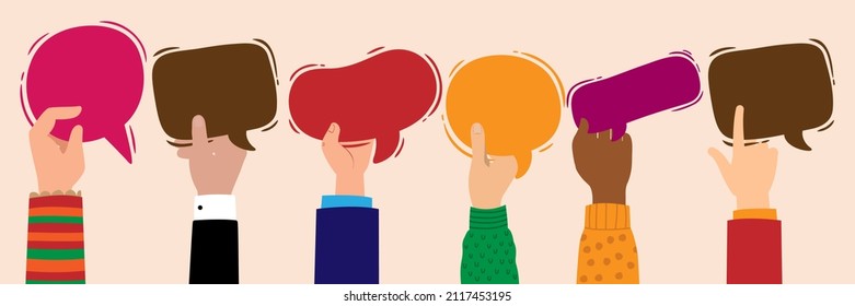 Agreement or affair between a group of multiethnic colleagues or collaborators and Diversity People who sharing information. Arms and hands holding speech bubble.