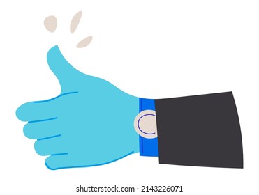 Vereinbarung und Genehmigung, einzelne Daumenverstellung. Hand des Geschäftsmanns mit Kostüm und reicher reicher reicher Armbanduhr. Positive Einstellung und Erfolg in der Kommunikation. Zufriedenheit und Gefallen. Vektorgrafik auf ebene