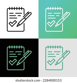 Icono de línea delgada aprobado por el acuerdo: hoja de papel con marca de verificación y lápiz. Ilustración vectorial moderna.