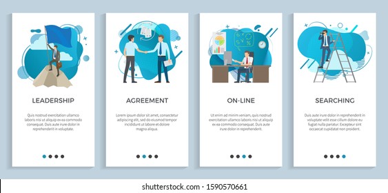 Agreement between businessmen vector, online office using computer and digital info and data, leadership searching male with binoculars on ladder. Website or app slider, landing page flat style