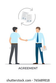 Agreement between people, exchanging of documents, businessmen dressed in suits and ties, title below them, vector illustration isolated on white