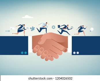 Agreement. Business people running over connected hands. Concept business vector illustration