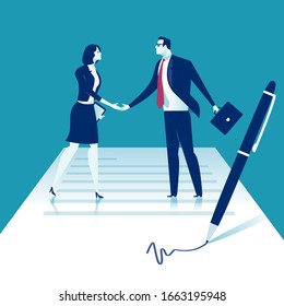 Agreement. Business people shaking hands standing on a signed contract. Business vector illustration