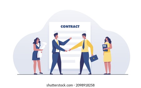 Agreement. Business people shaking hands in front of a contract.