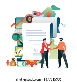 Agreement. Business people signed contract. Hand shake of business. Financial investments vector illustration. Flat cartoon character graphic design. Landing page template,banner,flyer,poster,web page