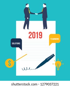 Agreement. Business people standing on a signed contract. Concept business vector illustration - Vector