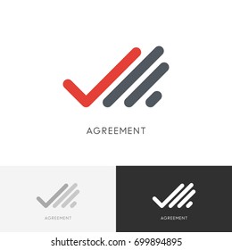 Agreement checkmark logo - hand with check mark or tick symbol. Business, contract and deal vector icon.