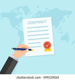 Agreement concept - hand signing of paper contract. Vector illustration. The concept of a successful transaction.