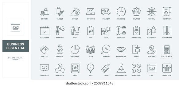 Acuerdo y contrato, porcentaje de depósito bancario, línea de tiempo y forma de crecimiento delgado Ilustración vectorial de símbolos de contorno negro. Proceso de negocio, herramientas de marketing, conjunto de iconos de línea de idea de inicio.