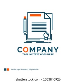 agreement, contract, deal, document, paper Logo Design. Blue and Orange Brand Name Design. Place for Tagline. Business Logo template.