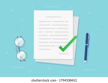 Agreement contract document approved and confirmed file with check mark icon flat vector, concept of checked quality legal paper doc with checkmark, accepted or certified license paper form