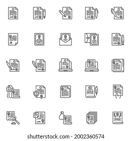Agreement, contract line icons set. linear style symbols collection, outline signs pack. Contract documents vector graphics. Set includes icons as certificate, diploma, marriage agreement signature