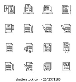 Agreement contract line icons set, Contract document outline vector symbol collection, linear style pictogram pack. Signs logo illustration. Set includes icons - quality certificate, warranty, diploma