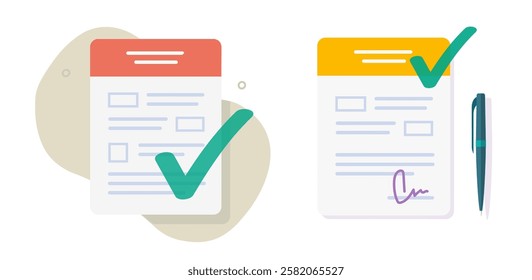 Agreement contract signature icon, survey exam report file tax form vector graphic flat modern set, approved office business document check mark, certified settlement audit checkmark application