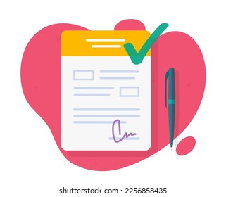 Agreement contract treaty signature icon vector with review checkmark, legal document statement signing flat cartoon illustration graphic, statement terms policy, lease commitment sign, settlement act