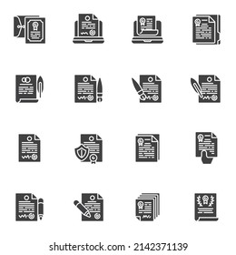 Kontraktvektorsymbole Set, Vertragsdokument moderne solide Symbolsammlung, gefülltes Piktogramm-Paket. Zeichen Logo-Illustration. Set umfasst Symbole - Qualitätszertifikat, Garantie, Diplom