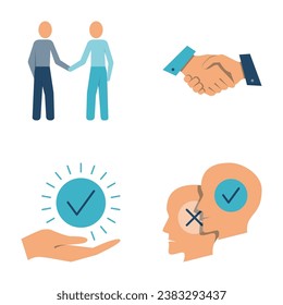 Juego de iconos de acuerdo y cooperación en estilo plano. Trato de negocios, símbolos de apretón de manos. Ilustración vectorial.