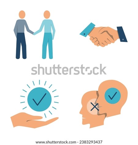Agreement and cooperation icon set in flat style. Business deal, handshake symbols. Vector illustration.