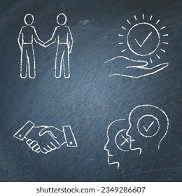 Agreement and cooperation icon set on chalkboard. Business deal, handshake symbols. Vector illustration.