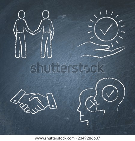 Agreement and cooperation icon set on chalkboard. Business deal, handshake symbols. Vector illustration.