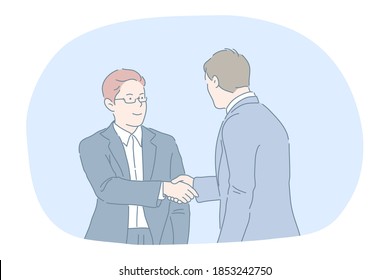 Agreement, deal, business, successful negotiations, teamwork concept. Young businessmen in official suits cartoon characters standing and shaking hands after negotiations in office 