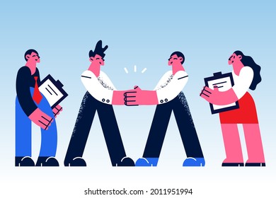 Agreement, deal and successful project concept. Office team business people standing shaking hans for success agreement vector illustration or introducing new colleague