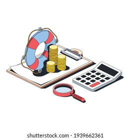 Agreement document, consulting, assistant, coins, search, calculator, stroke illustration. Vector 3d line isometric, color web icons, new flat style. Creative design idea for infographics.