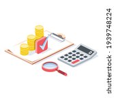 Agreement document, consulting, calculator, coins, magnifier, check mark, stroke illustration. Vector 3d line isometric, color web icons, new flat style. Creative design idea for infographics.
