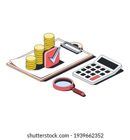 Agreement document, consulting, calculator, coins, magnifier, check mark, stroke illustration. Vector 3d line isometric, color web icons, new flat style. Creative design idea for infographics.