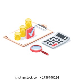 Dokument, Beratung, Taschenrechner, Münzen, Lupe, Prüfzeichen, Strichzeichnung. 3D Linie isometrisch, Farbe Web-Symbole, neue flache Stil. Kreatives Design für Infografiken.