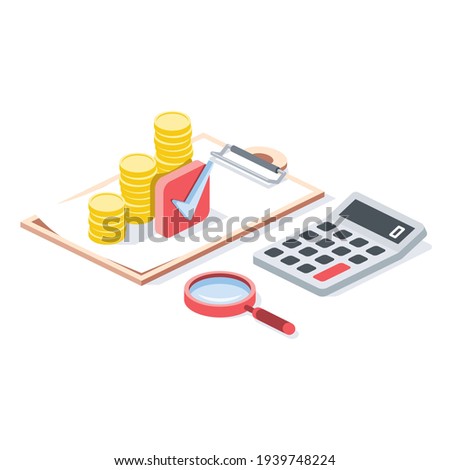 Agreement document, consulting, calculator, coins, magnifier, check mark, stroke illustration. Vector 3d line isometric, color web icons, new flat style. Creative design idea for infographics.